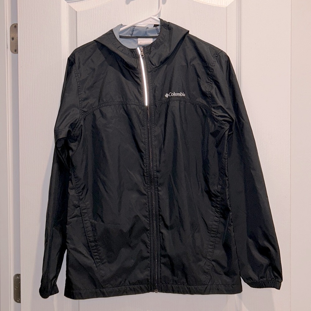 NEW Columbia Black Rain Jacket Windbreaker with Hood, Size Youth XL